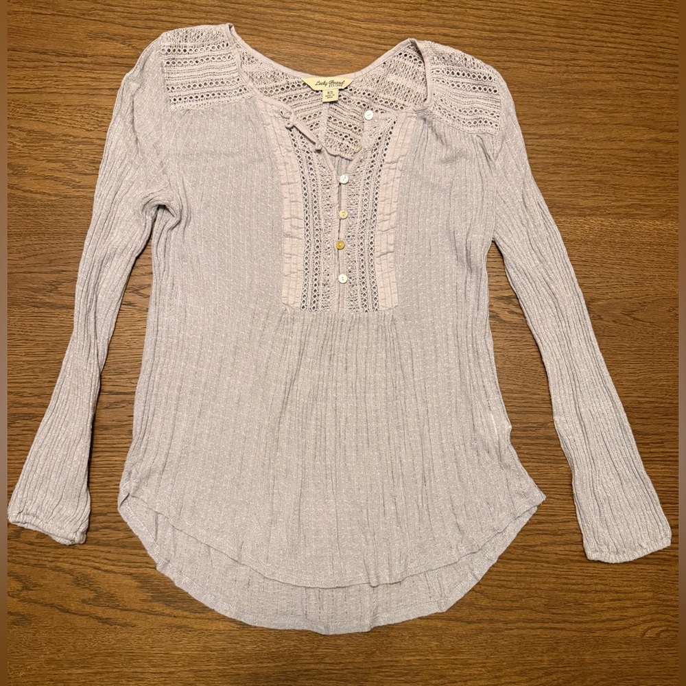 Lucky Brand Light Gray Crochet Henley Long Sleeve Top